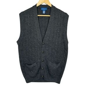 Vintage Towncraft Cable Knit Cardigan Sweater Vest Mens L Traditional Academia